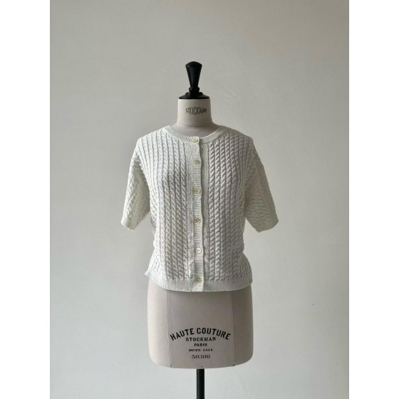 White Short Sleeve Cable Knit Sweater with Subtle Shimmer
