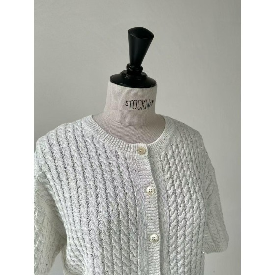 White Short Sleeve Cable Knit Sweater with Subtle Shimmer