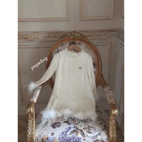 Girls' Elegant Banquet Style Sequin Dress with Feather Edging