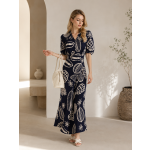 Navy blue paisley print V-neck waist-cinched midi dress