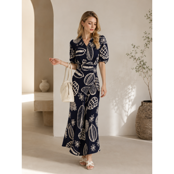 Navy blue paisley print V-neck waist-cinched midi dress