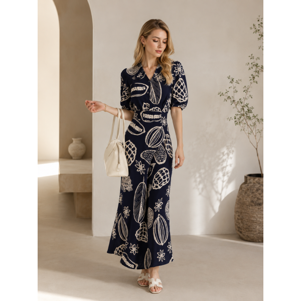 Navy blue paisley print V-neck waist-cinched midi dress