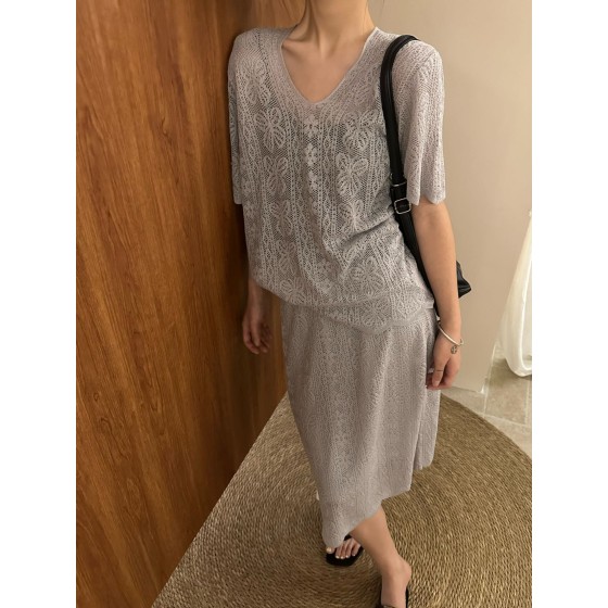 Soft Grey Lace Knit Set - Elegant Two-Piece Midi Skirt Outfit